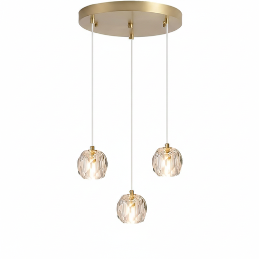 [SLX607052] Lustre Camotuse 3 lampes base ronde dorée, câble blanc et verre cristal