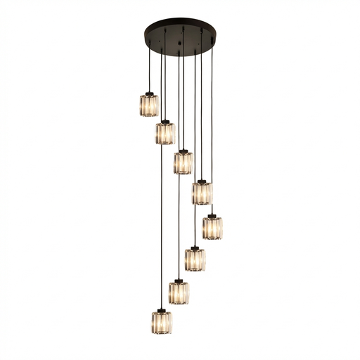 [SLX607074] Lustre 8 lampes base ronde noir, câble noir et verre