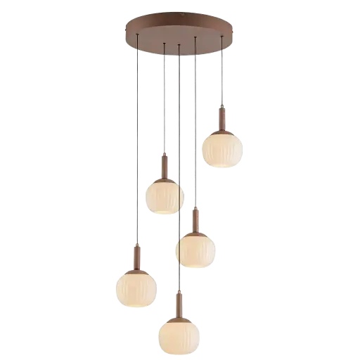 [SLX608025] Lustre 5 lampes Novel en métal avec base ronde marron, câble noir et verre blanc opale 