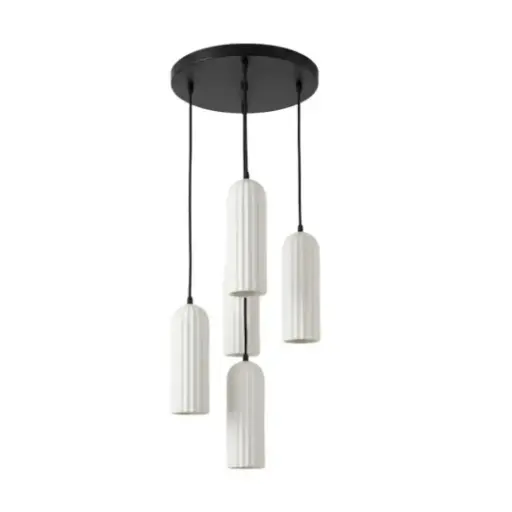 [SLX608027] Lustre 5 lampes Miella en métal avec base ronde, câble noir et abat-jour en verre cannelé 