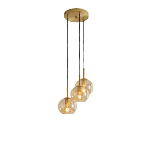 [SLX607095G] Lustre Gisela 3 lampes en métal base ronde doré et verre ambré 