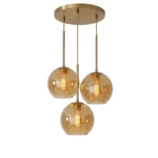 [SLX607095G] Lustre Gisela 3 lampes en métal base ronde dorée et verre ambré 