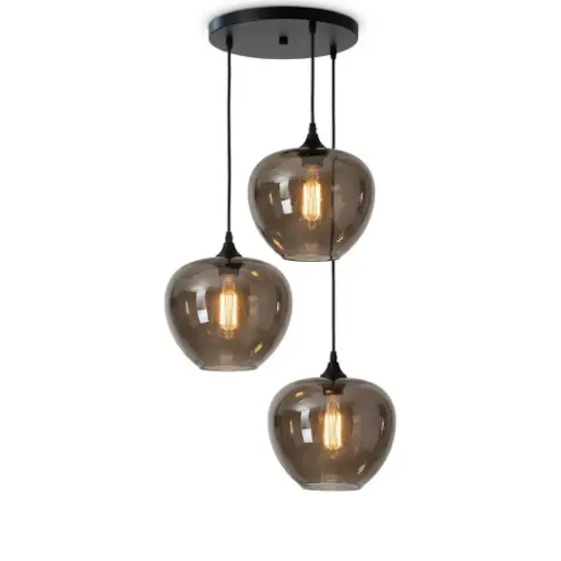[SLX607108] Lustre 3 lampes Olivia en métal noir et verre forme de bouteille gris fumé 