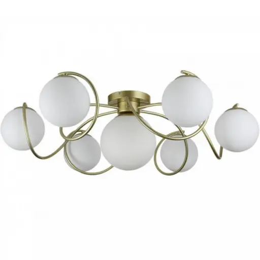 [SLX607111] Plafonnier / Lustre 7 lampes Ciala en métal doré et verre blanc