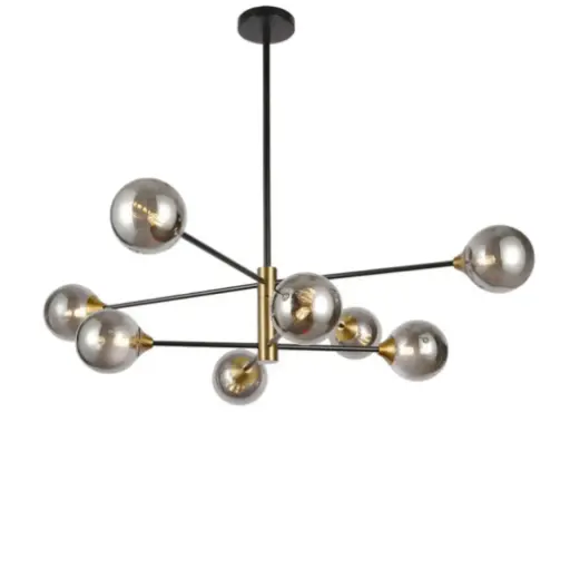 [SLX607114] Lustre Festra 8 lampes en métal noir et verre gris fumé 