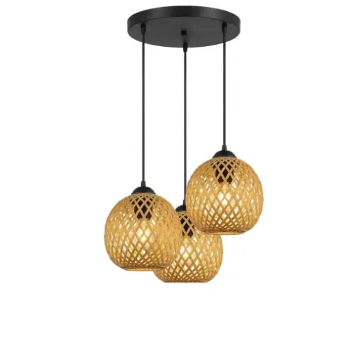 [SLX607168]  Lustre 3 lampes Basto en bambou de style ferme tressé 