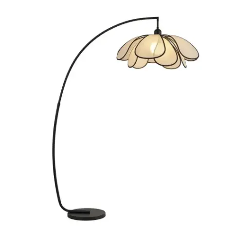 [SLX607159B] Lampadaire Lotus Arc noir en métal, abat-jour floral en tissu