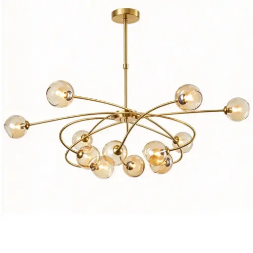 [SLX607163G] Lustre 12 lampes Audrey en métal doré et verre ambré 