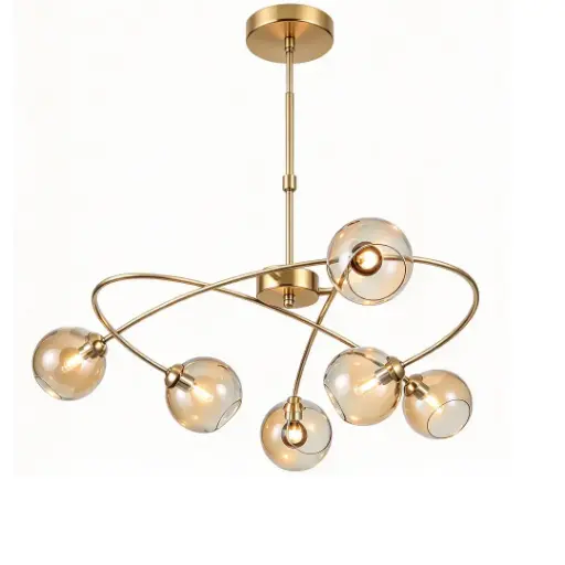 [SLX607164G] Lustre 6 lampes Audrey en métal doré et verre ambré 