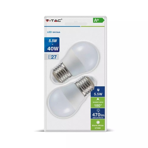 [VTA7360] Pack de 2 ampoules LED G45 E27 5.5W Lumière jaune