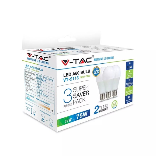 [VTA7352] Pack de 3 ampoules LED A60 E27 11W Lumière jaune