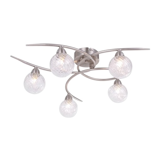 [STVDA104] Plafonnier Design 5 lampes en métal nickel satiné et verre transparent